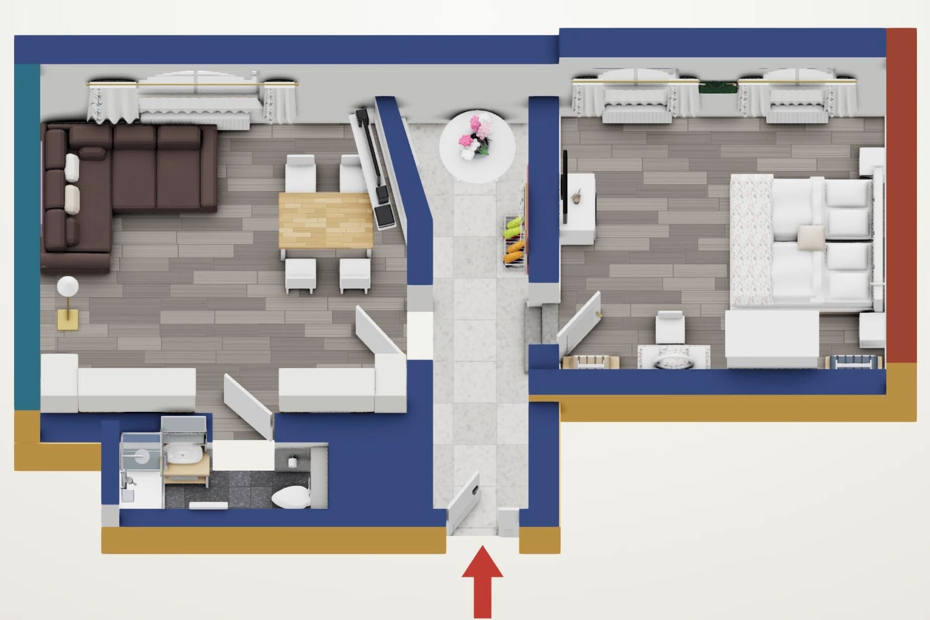 A hotel room layout with a sofa, two chairs, a small table, a bed, and a bathroom.