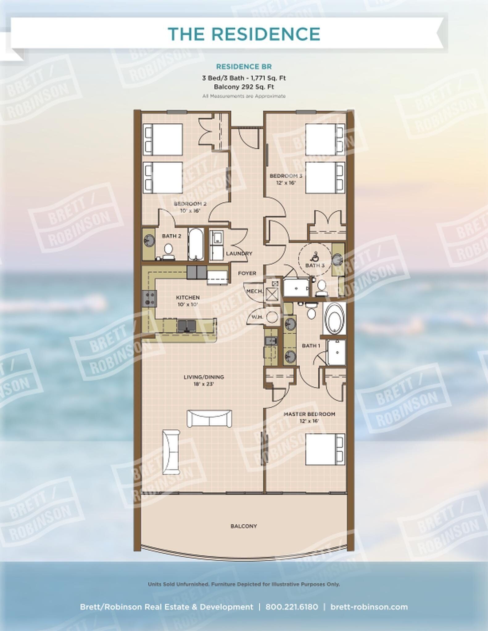 A floor plan of a residence with 3 bedrooms, 2 bathrooms, a kitchen, a living/dining area, and a balcony.