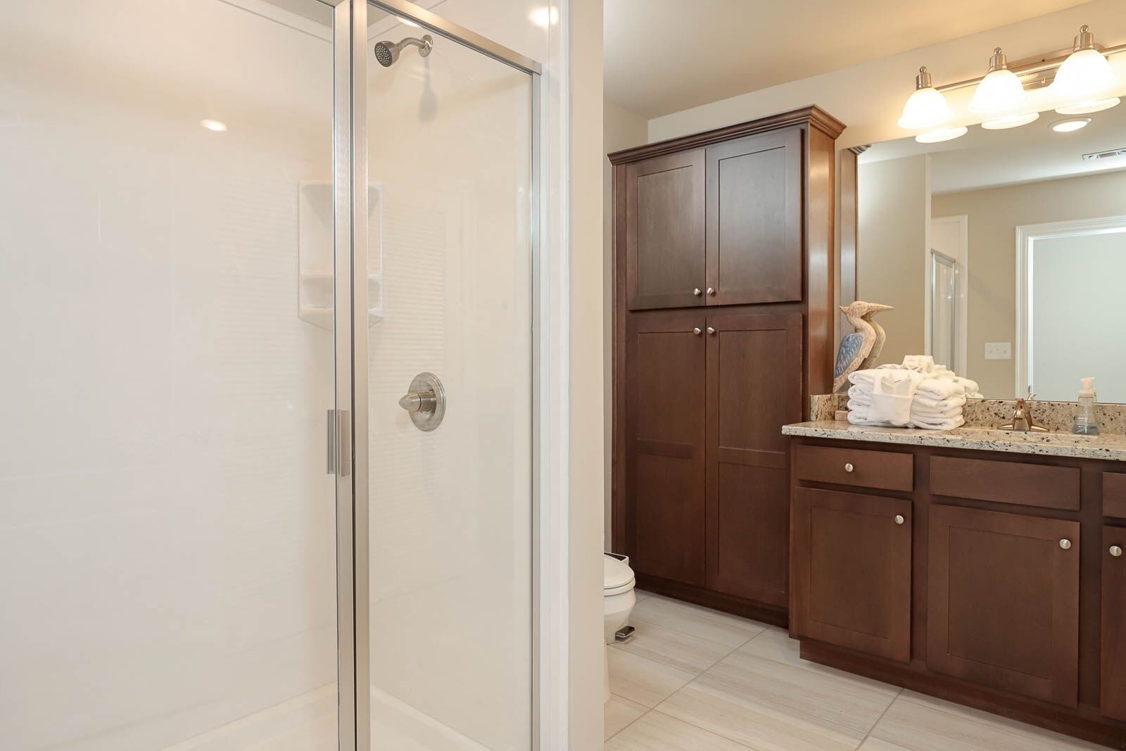 A modern bathroom with a glass shower enclosure, dark wooden cabinets, and a vanity with a mirror and lights.