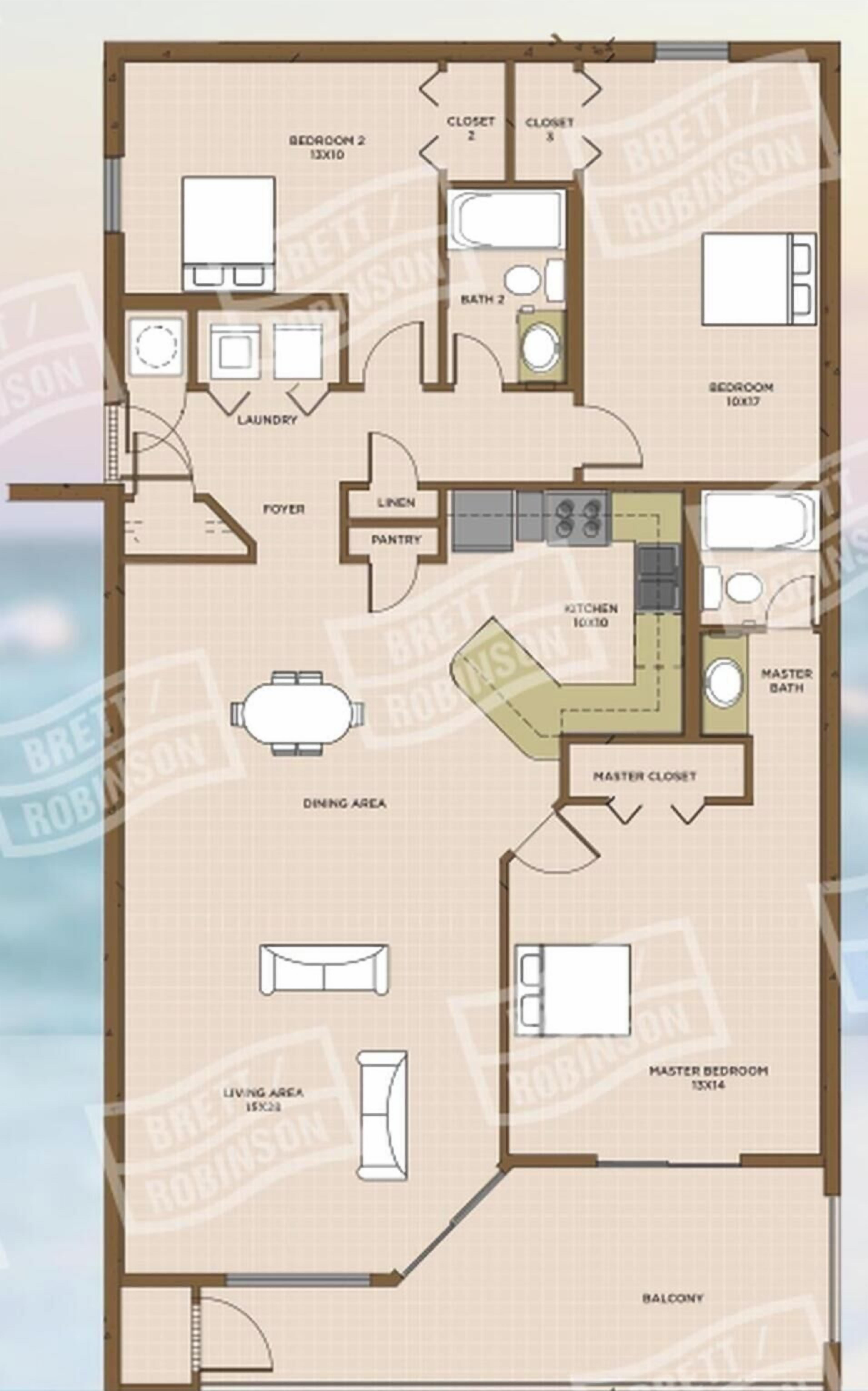 Ein Grundriss mit Hauptschlafzimmer, Badezimmer en suite, Essbereich, Küche und Wohnbereich.