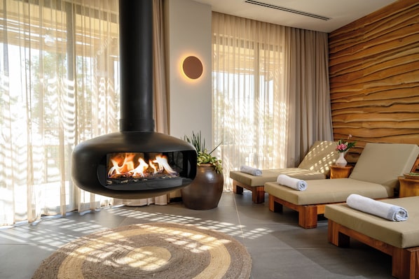 Una sala de estar moderna con una estufa de leña, dos sillones, una planta grande en maceta y un panel decorativo en la pared.