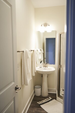 Ensemble baignoire-douche, séchoir à cheveux, serviettes fournies