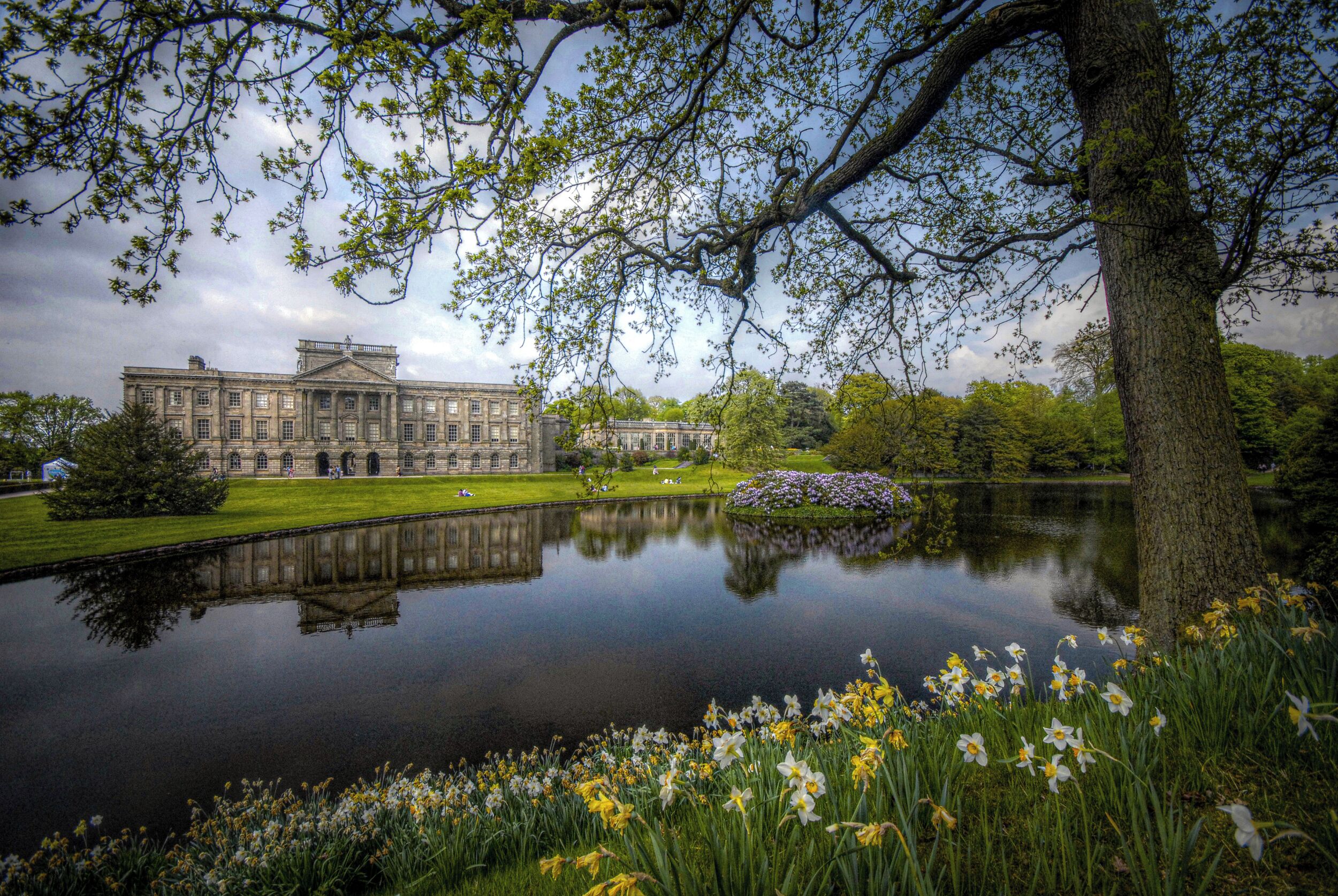 A large building with a symmetrical facade, a pond in the foreground, and a tree with green leaves.