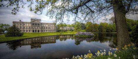 A large building with a symmetrical facade, a pond in the foreground, and a tree with green leaves.