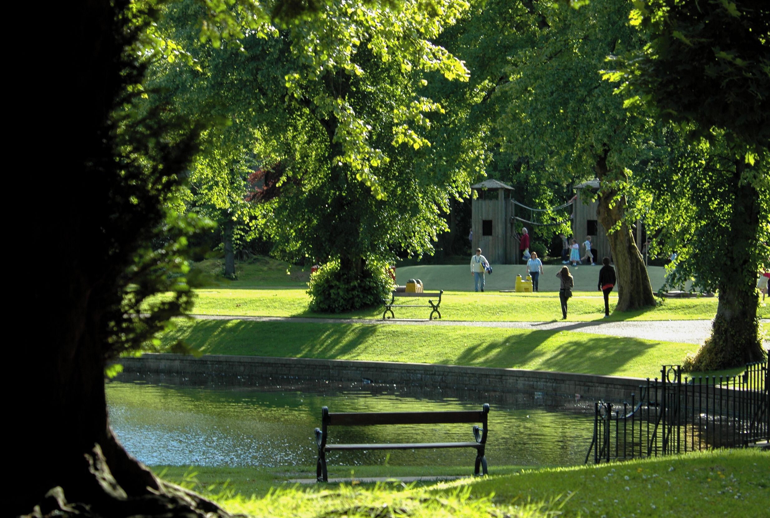 Un parc avec un étang, des bancs et des sentiers pédestres.
