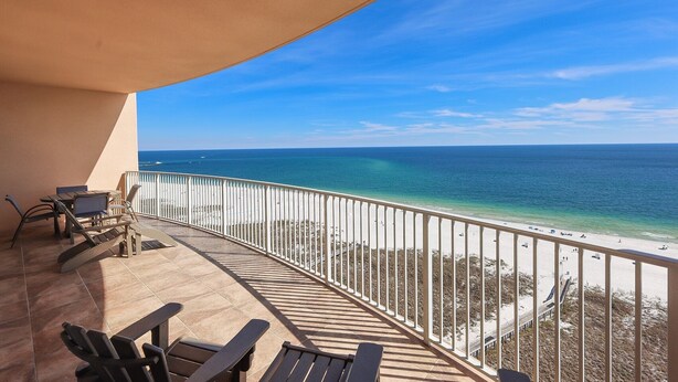 A balcony with a view of the beach and ocean. - Phoenix Orange Beach Ii 1402 3 Bedroom Condo (Orange Beach)