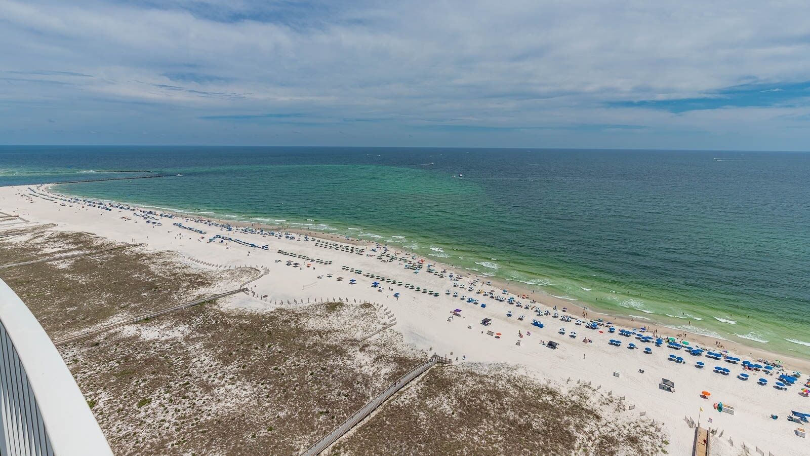 A beach with rows of umbrellas and sun loungers, a sandy shore, and the ocean.