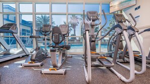 Un gimnasio con cintas de correr, elípticas y una piscina visibles a través de amplias ventanas.