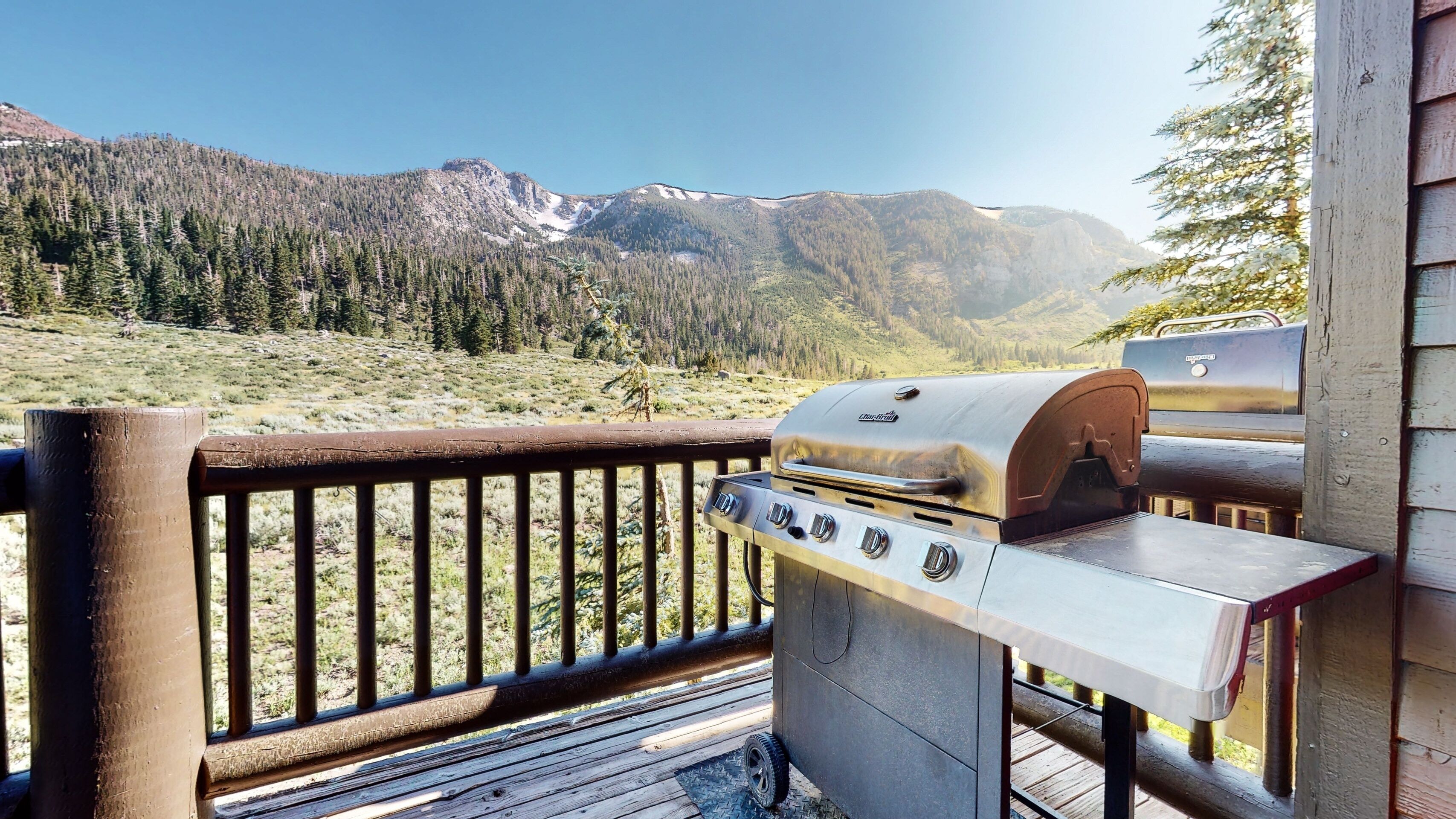 Un barbecue installé sur une terrasse en bois, offrant une vue sur les montagnes et la forêt.