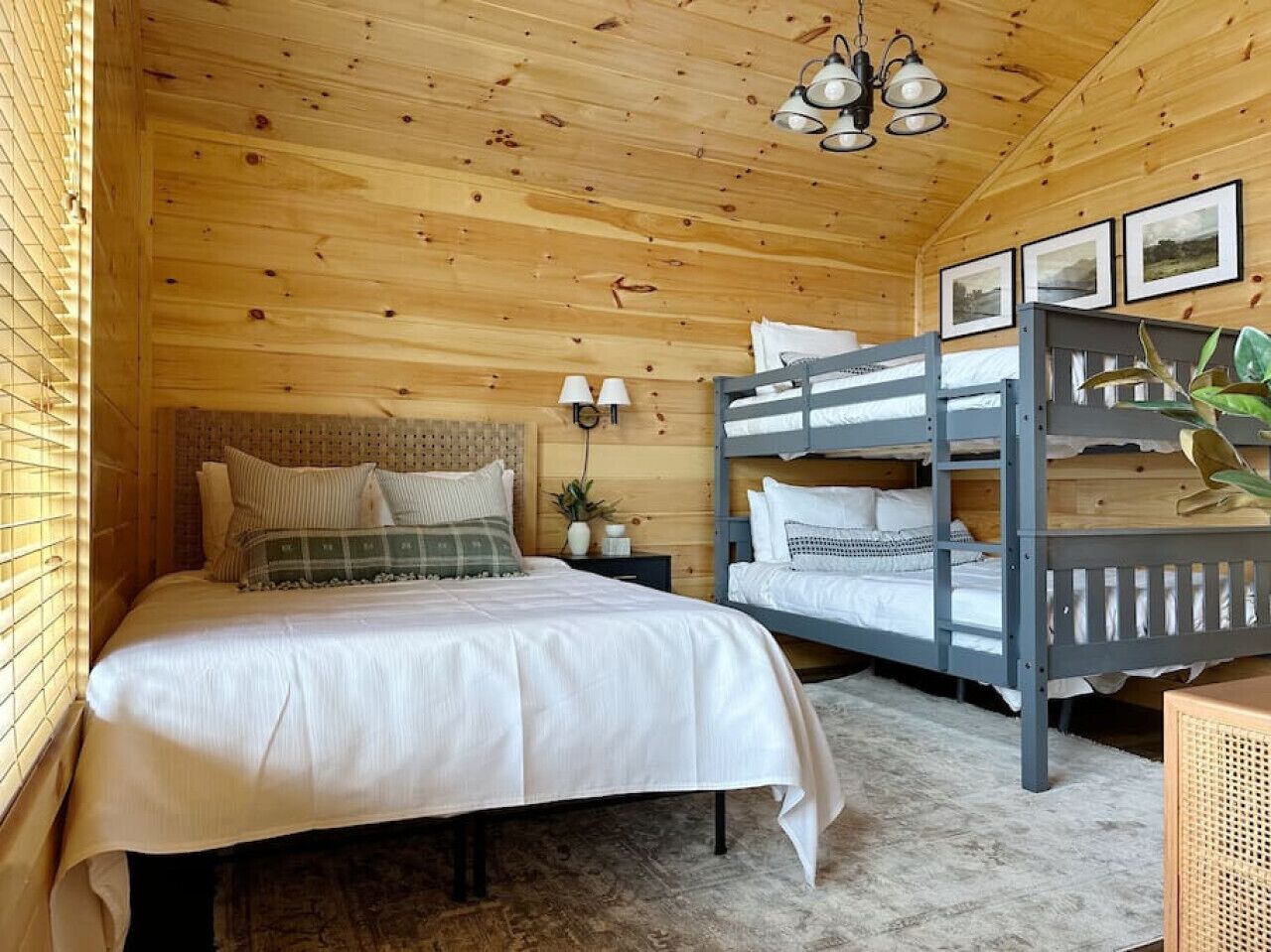 A cozy cabin bedroom with a bunk bed, a single bed, wooden walls, a ceiling light, and framed pictures on the wall.