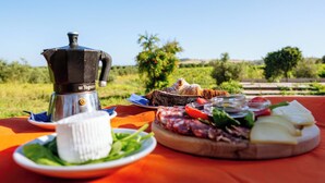 Preparació de pícnic amb una cafetera, un plat de pa, una safata de formatge i una amanida sobre un llençol taronja.