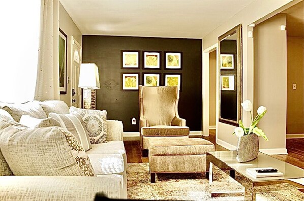 Smart TV, fireplace, books