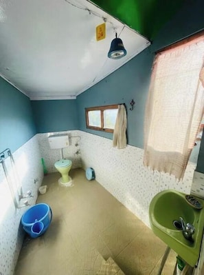 Combined shower/tub, towels, soap, toilet paper