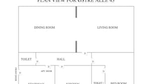 En planritning över ett hotell med 43 rum, inklusive en matsal, ett vardagsrum, ett kök samt en separat toalett och ett badrum.