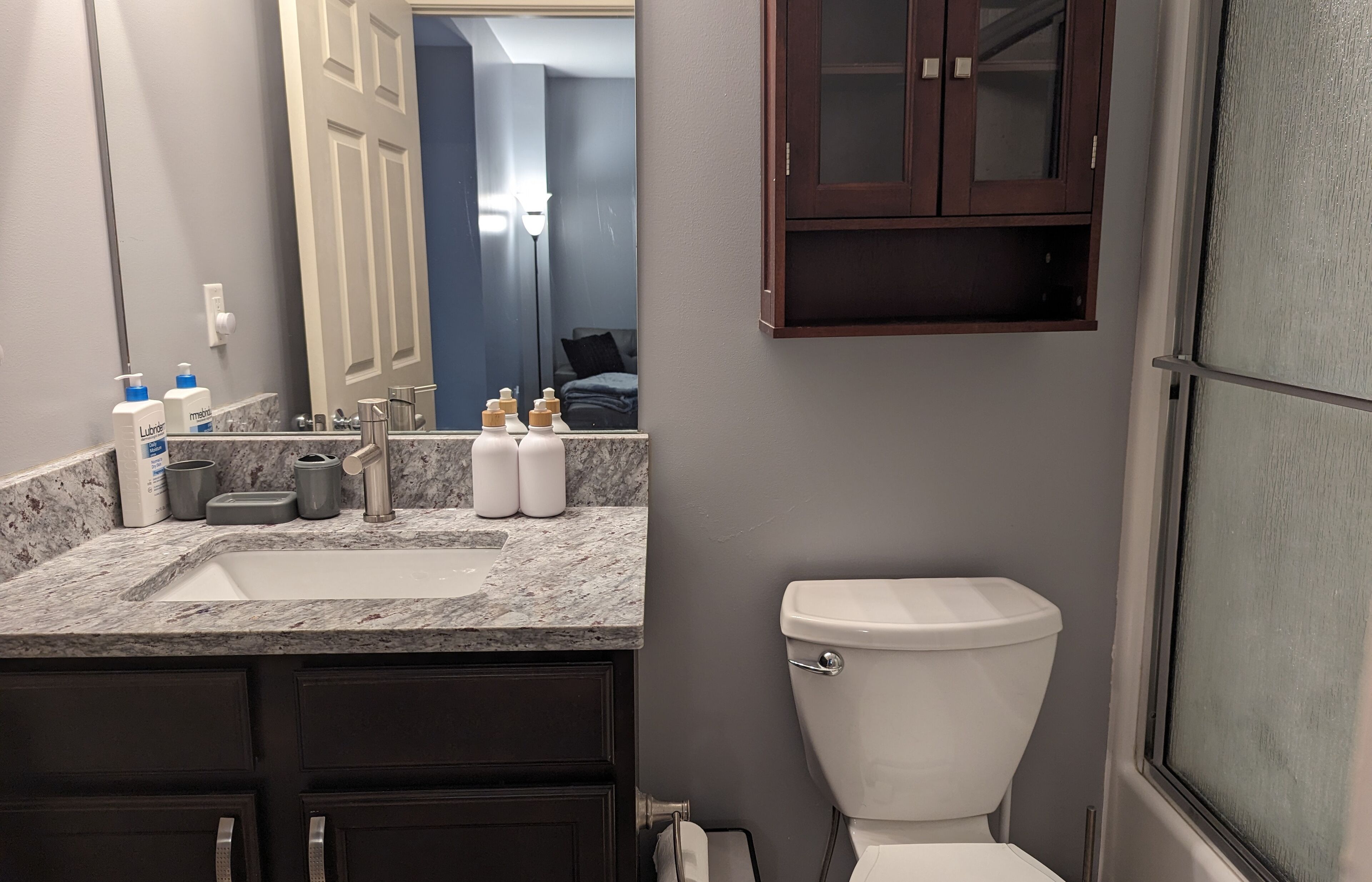 Hair dryer, towels, soap, shampoo