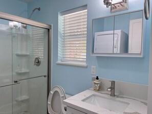 Douche, sèche-cheveux, serviettes fournies, savon