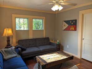 Smart TV, fireplace, books