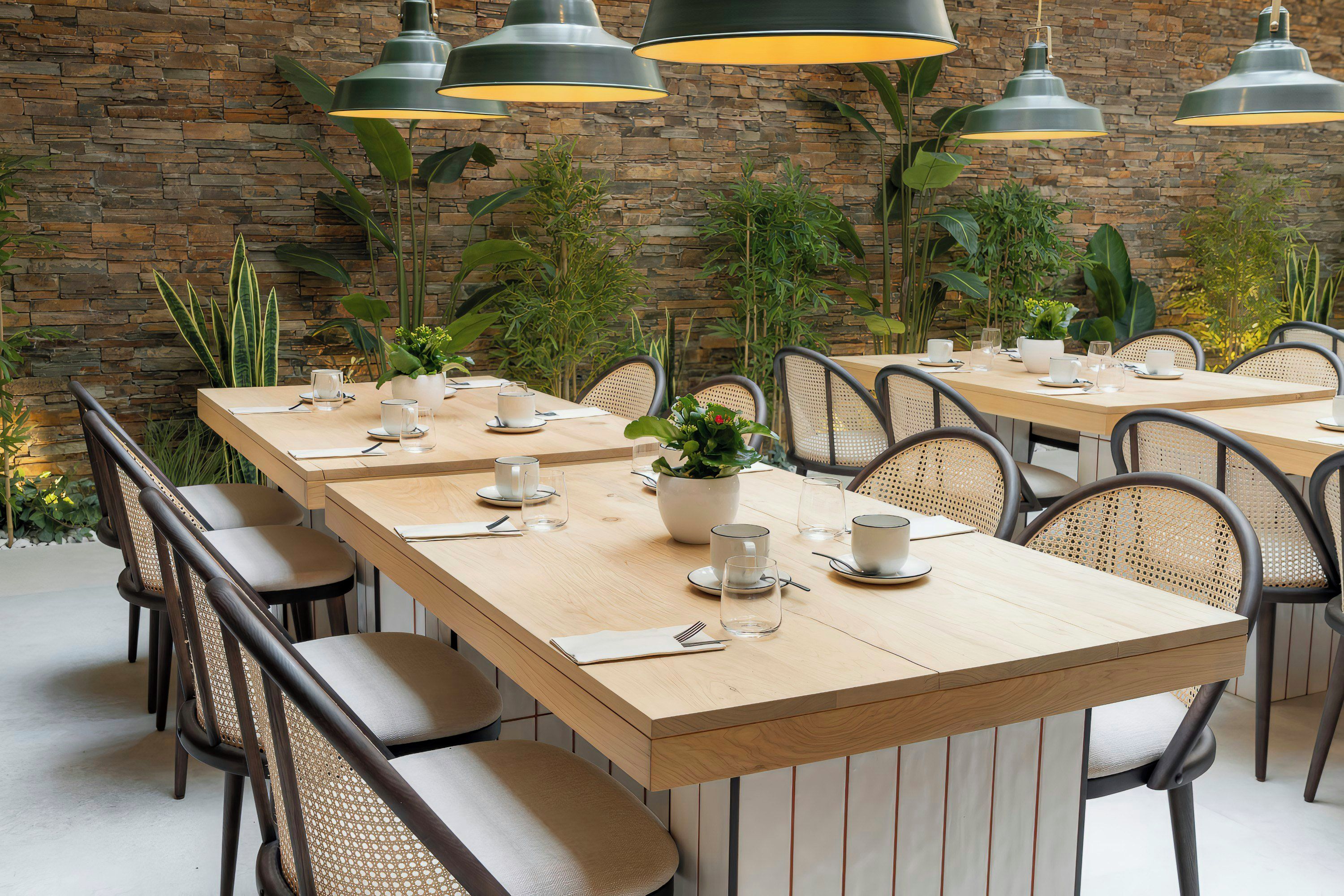 Un restaurant doté de nombreuses tables, de chaises et de luminaires suspendus.
