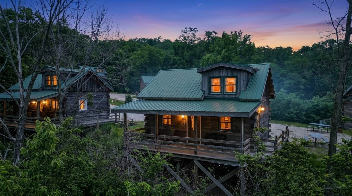 A rustic cabin with a porch, surrounded by forest.