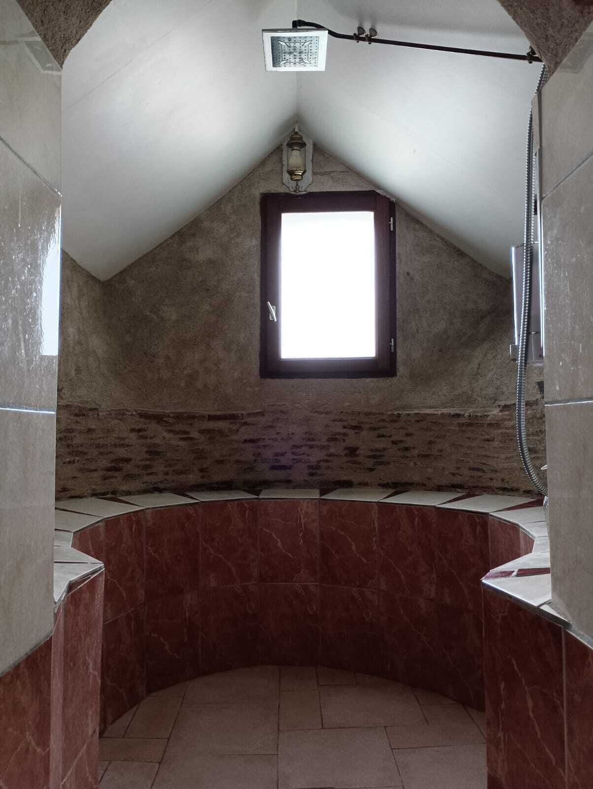 Un bagno con finestra a soffitto, doccia e vasca da bagno.