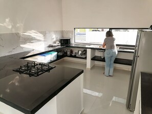 Fridge, microwave, stovetop, blender