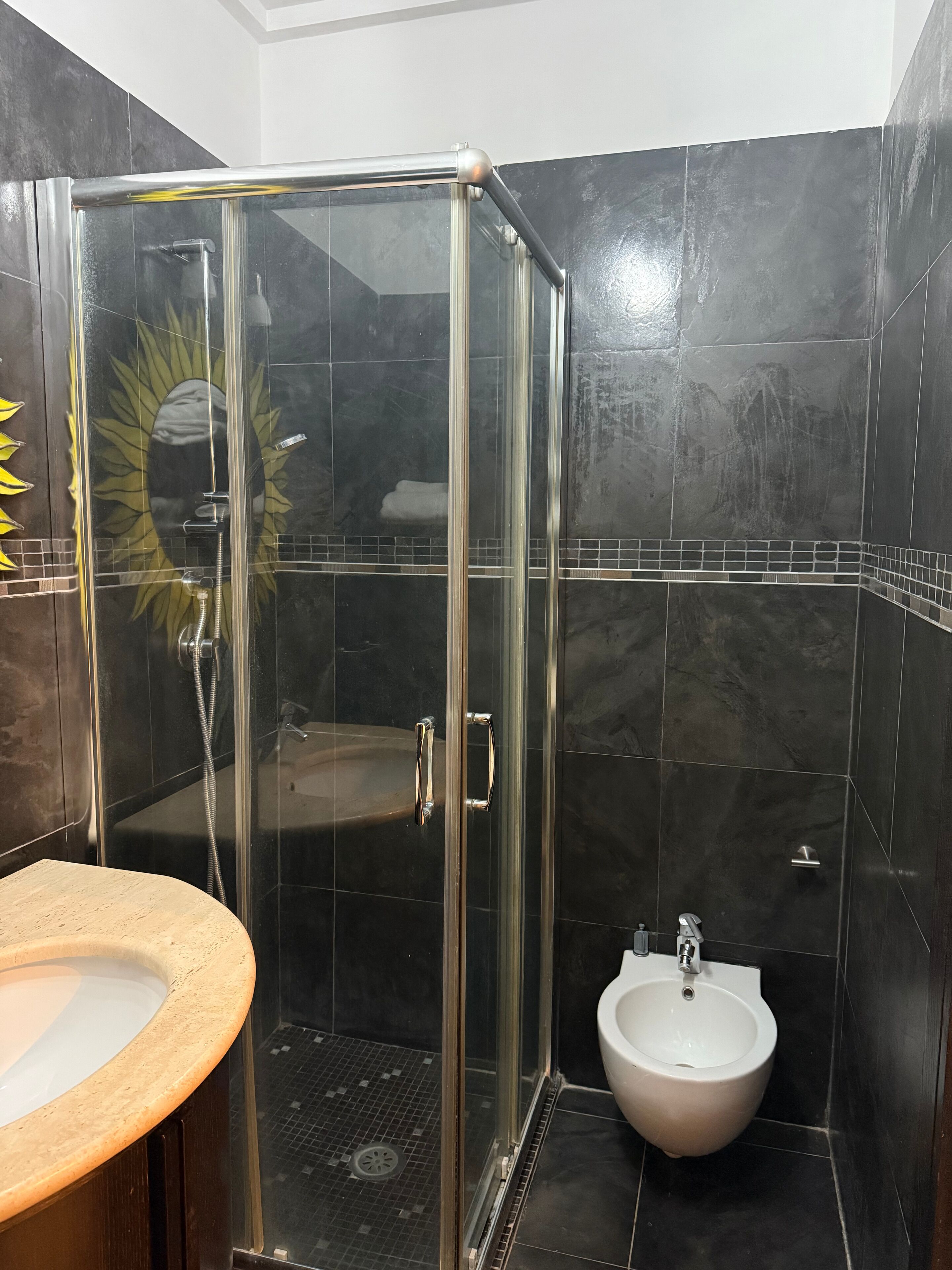 Un baño con cabina de ducha de vidrio, lavamanos y bidé.