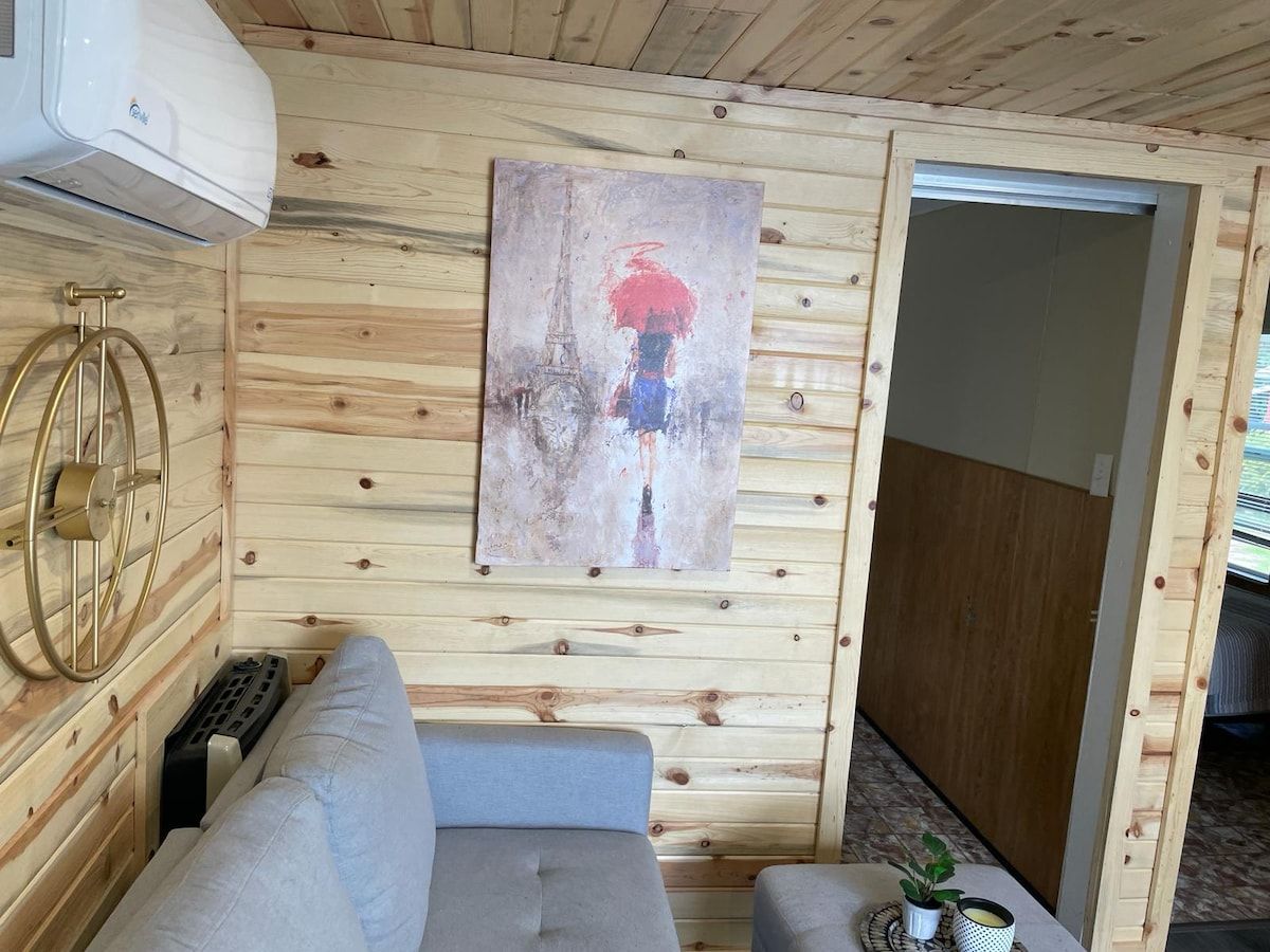 A wooden interior with a sofa, a painting, and a radiator.