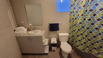 Regadera, toallas, jabón, shampoo