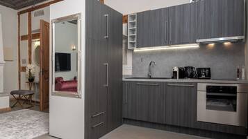 A modern kitchen with grey cabinets, a stainless steel oven, and a built-in microwave.