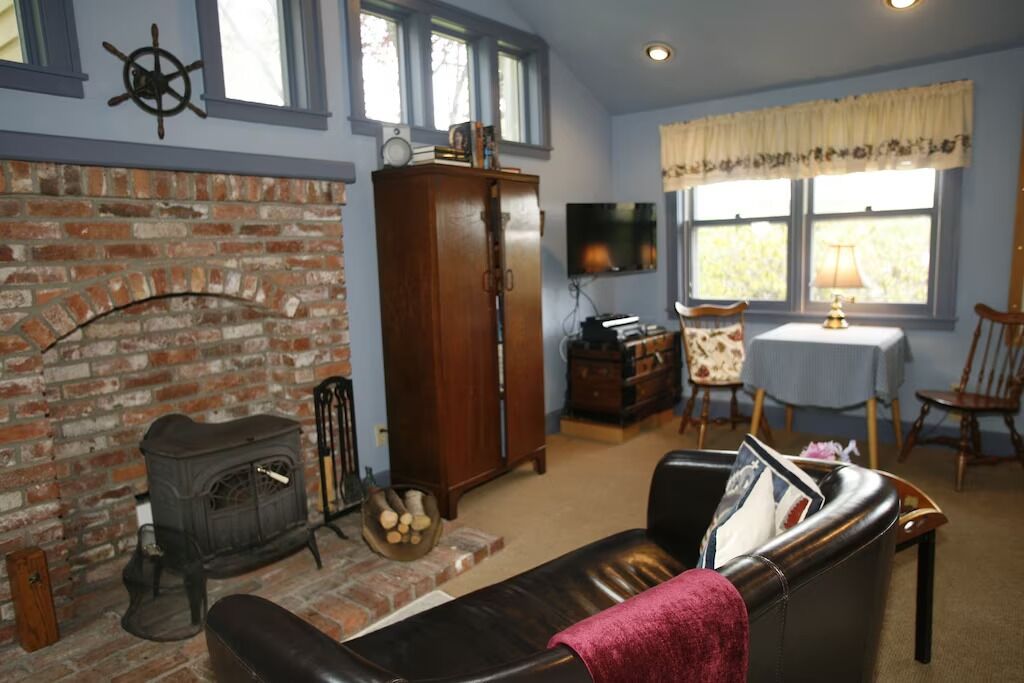 TV, fireplace, books, music library