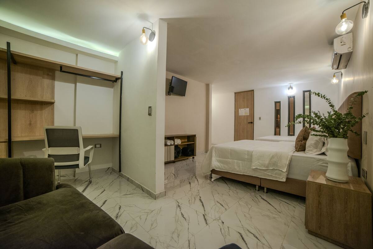 A modern hotel room with a bed, a desk, a chair, a TV, and a plant.