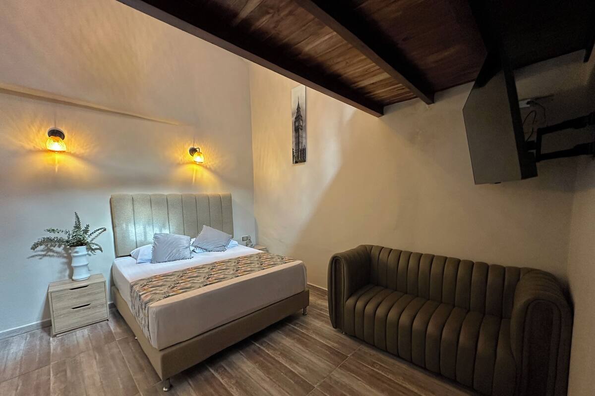 A bedroom with a bed, a nightstand, a potted plant, a wall-mounted light fixture, and a sofa.