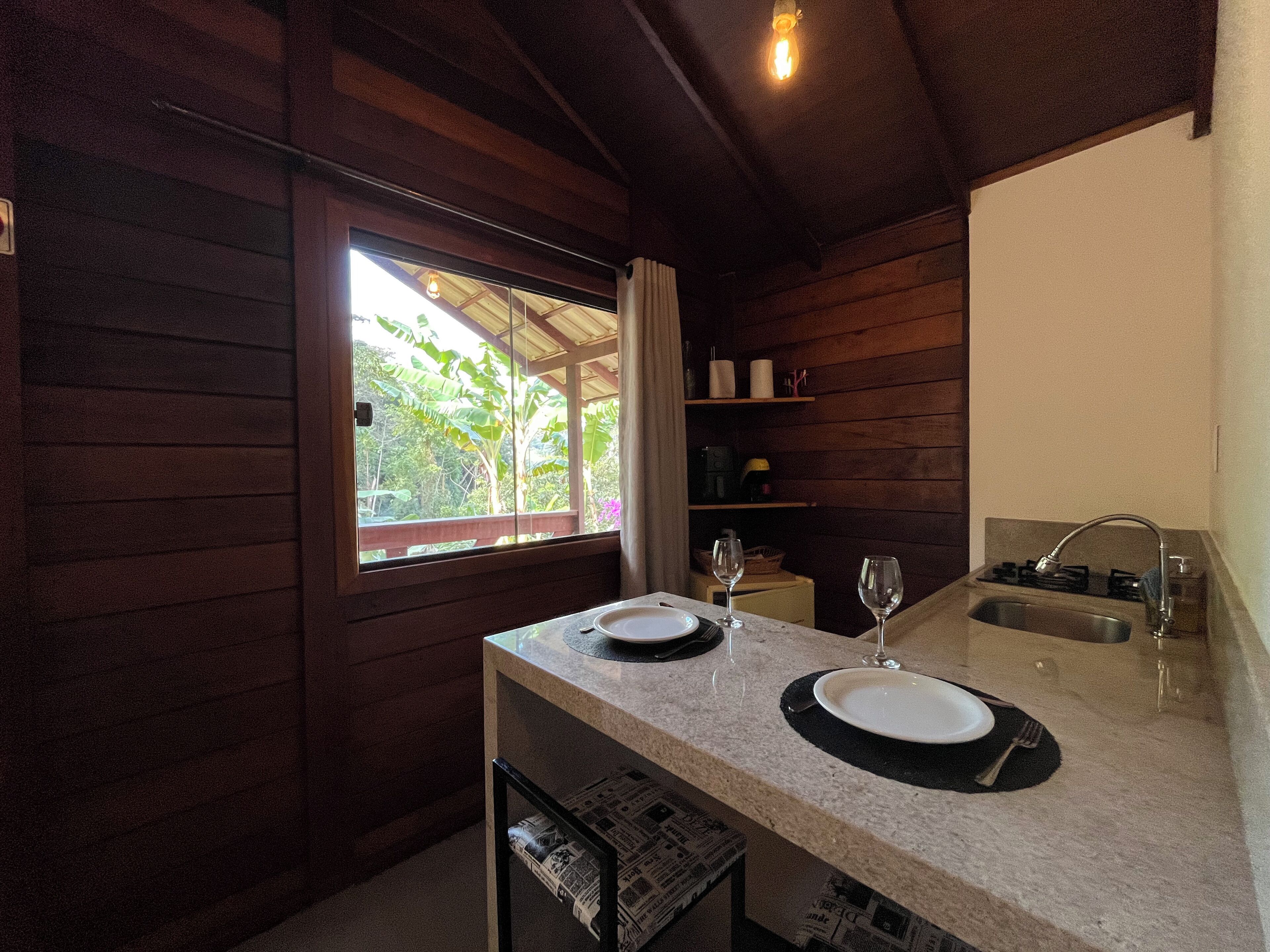 Basic Cabin | Private kitchen | Full-size fridge, microwave, oven, coffee/tea maker