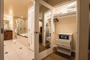 Shower, jetted tub, hair dryer, bidet
