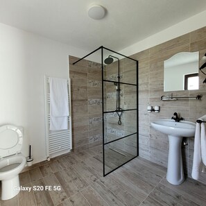 Shower, hair dryer, towels, soap