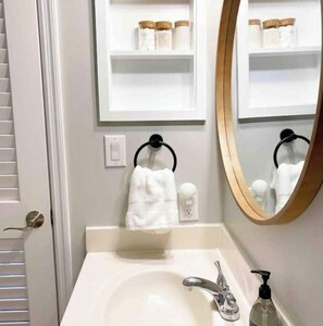 Hair dryer, towels, soap