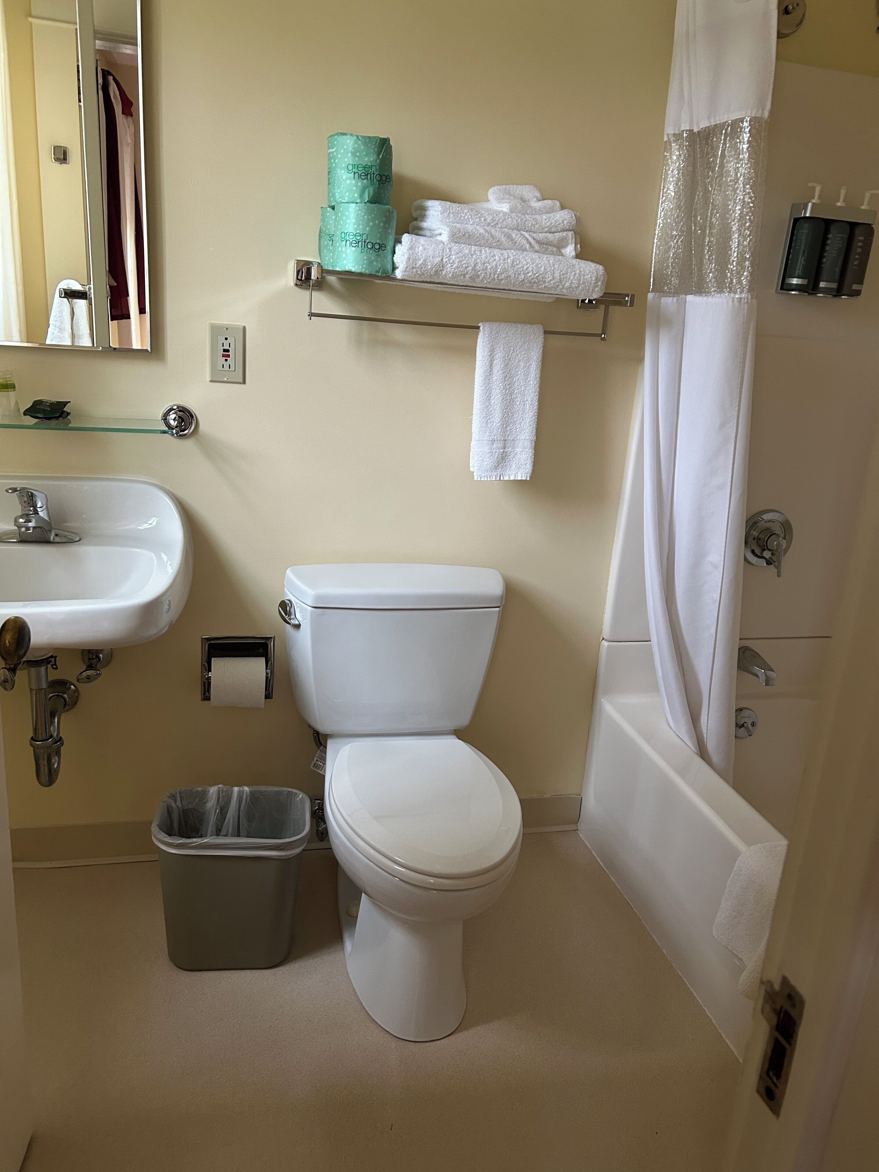 Une salle de bain avec des toilettes, un lavabo et un rideau de douche.