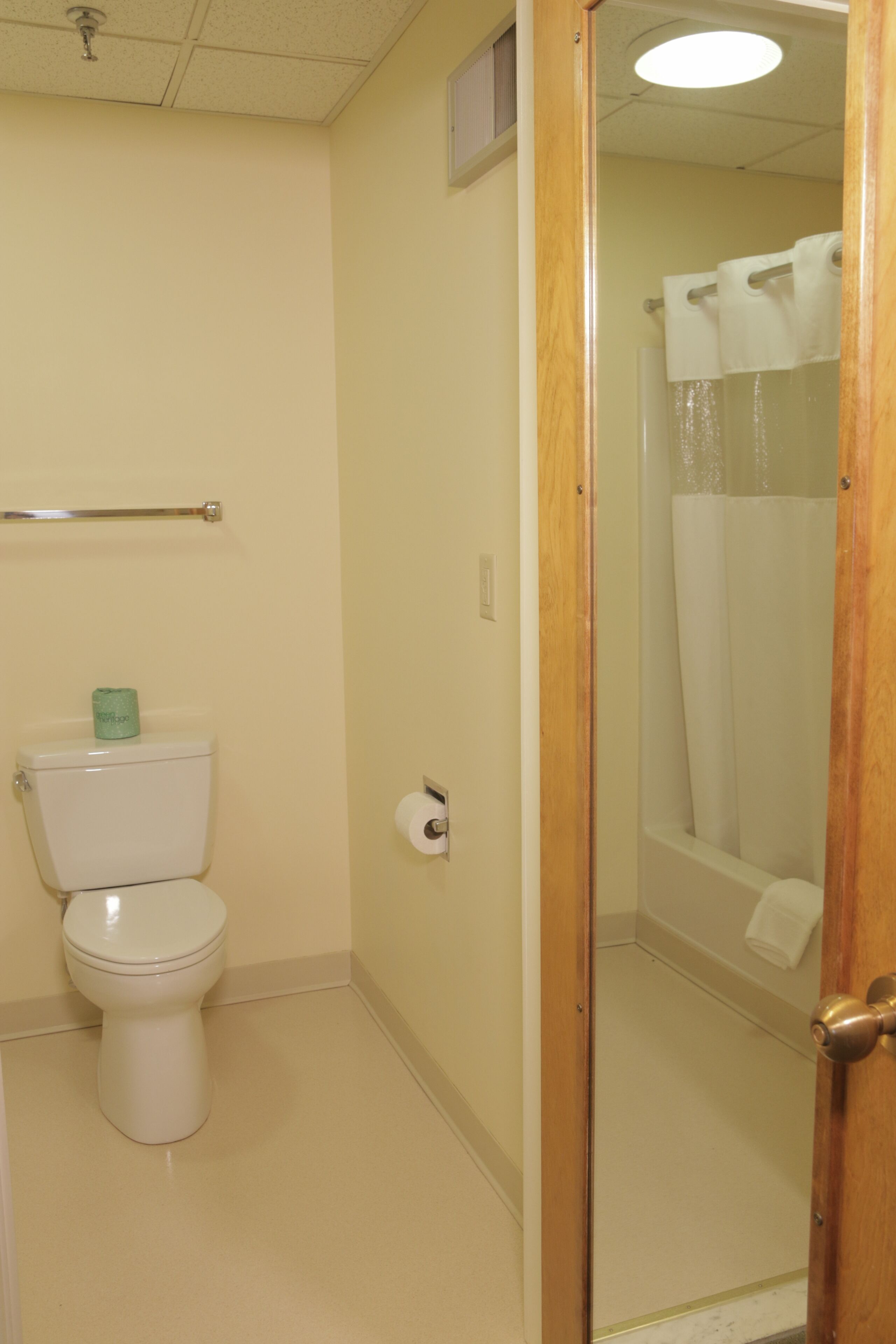 A bathroom with a toilet, a shower curtain, and a towel rack.