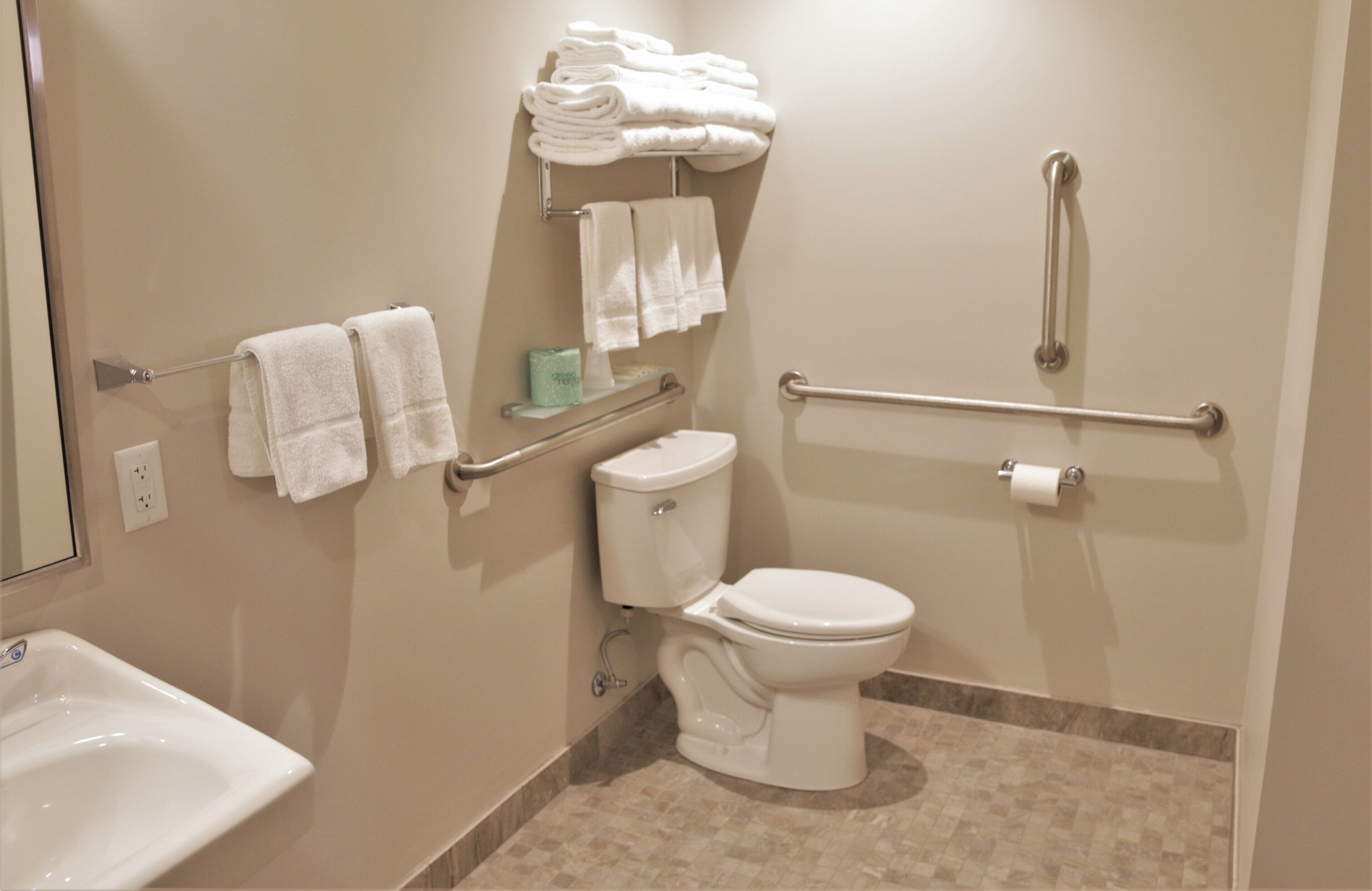 A bathroom with a toilet, sink, and handrails.