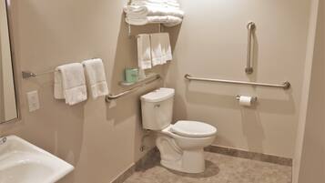 A bathroom with a toilet, sink, and handrails.