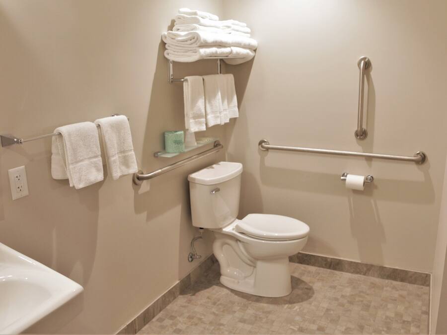 A bathroom with a toilet, sink, and handrails.