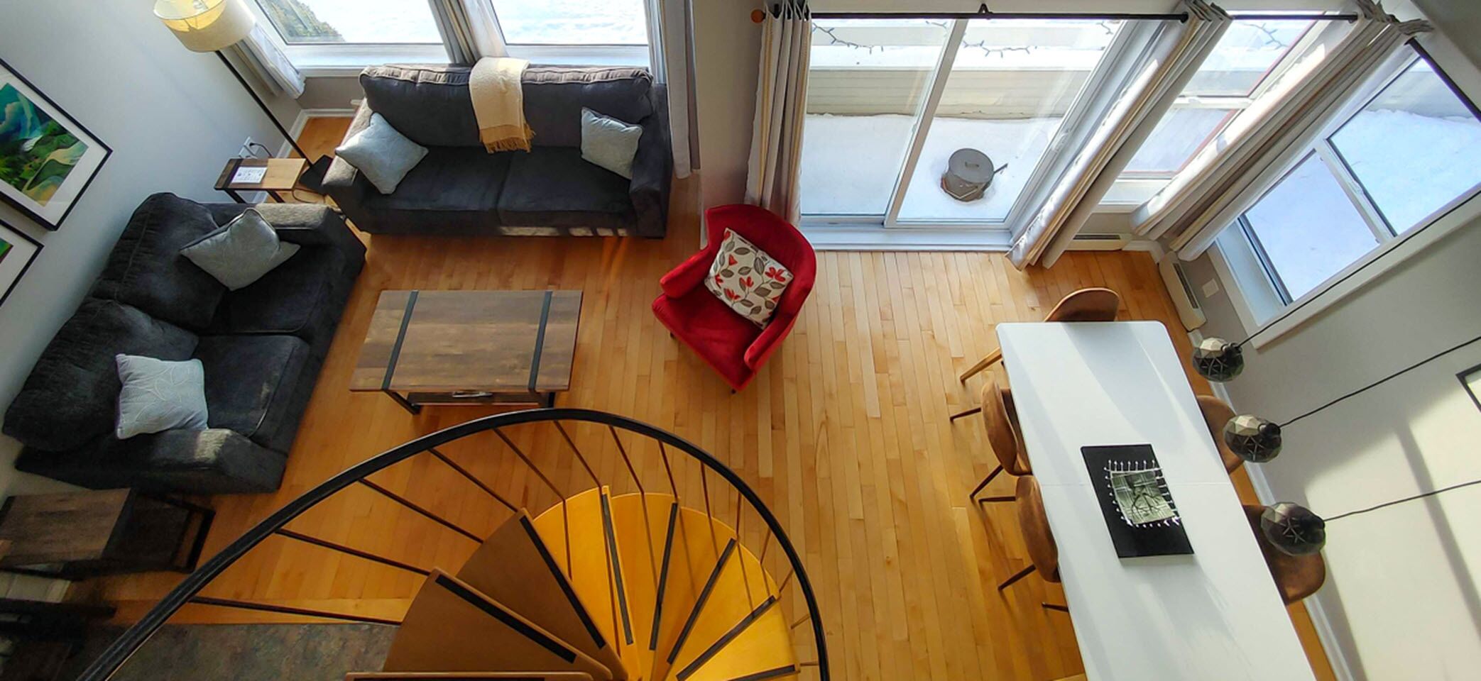 Bird's view of living room and dining room