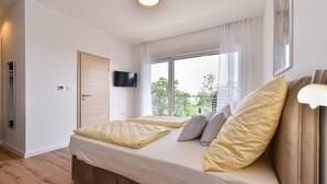 Un dormitori amb un llit, una televisió, una finestra i una porta.
