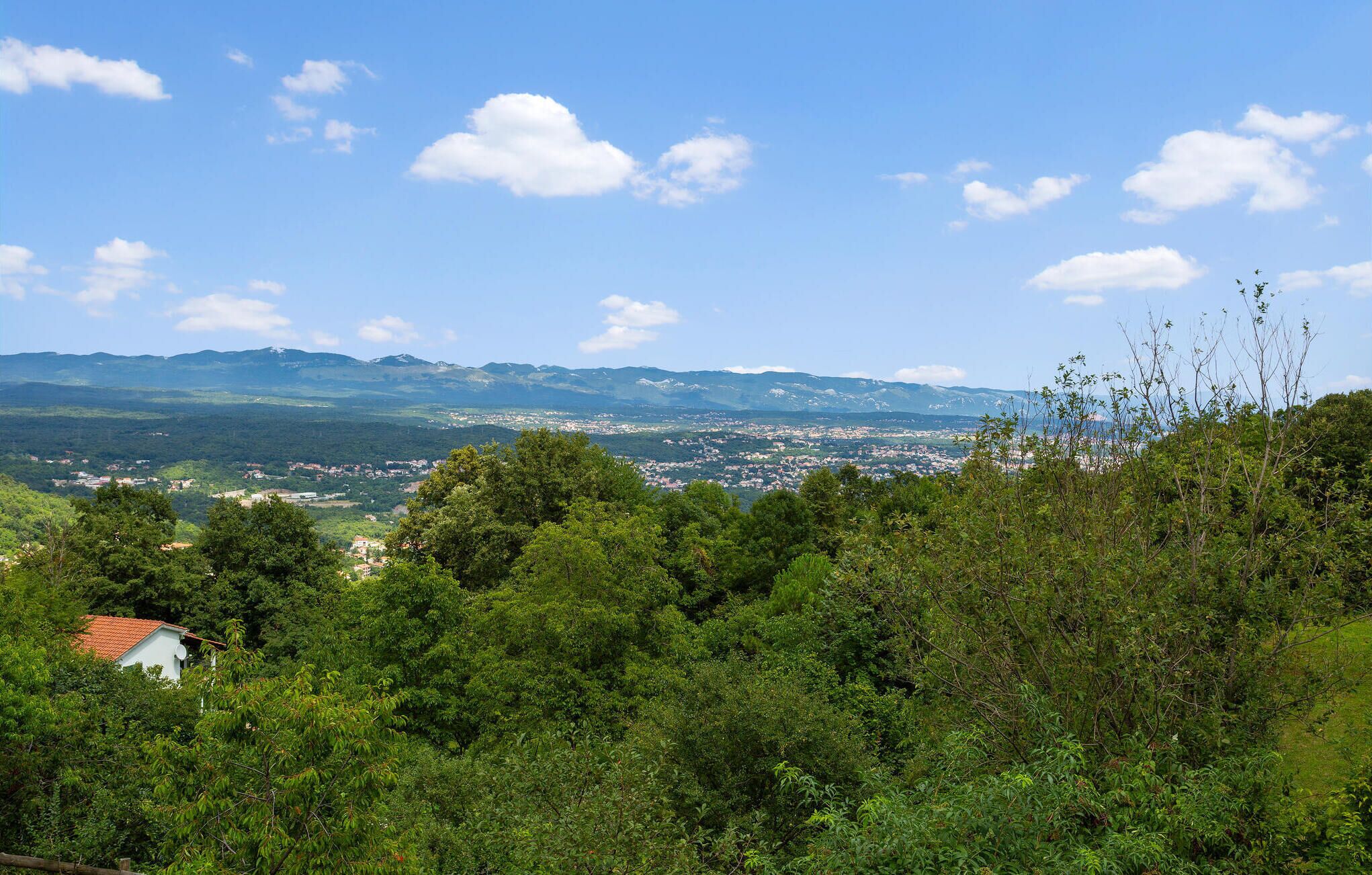 A view of a town surrounded by mountains and dense forest.
