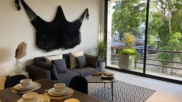 Loft, 1 King Bed with Sofa bed, Pool View | Living area | Smart TV, heated floors