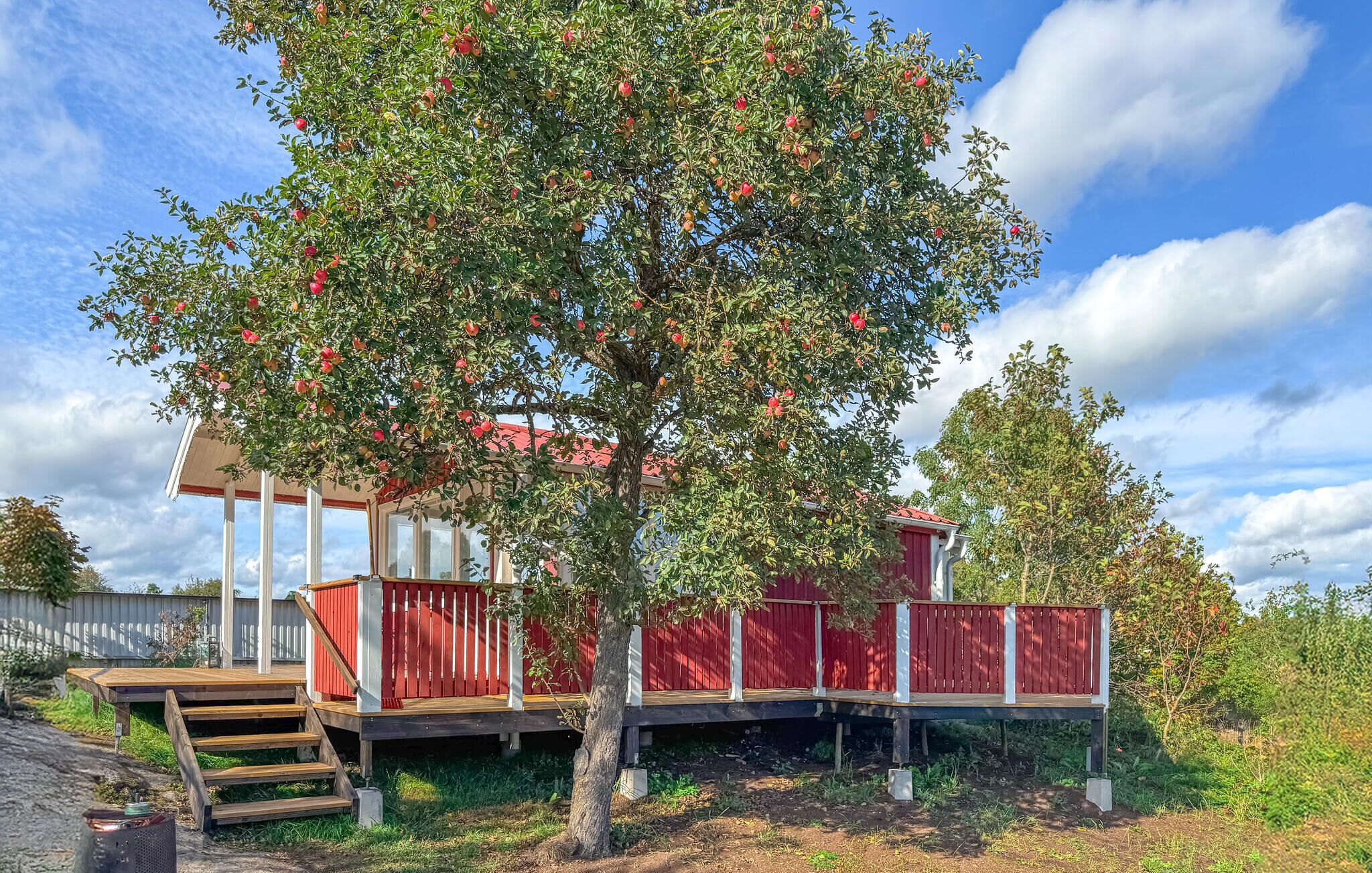 A red wooden deck with a staircase leading up to a covered area, surrounded by lush greenery and a clear sky.