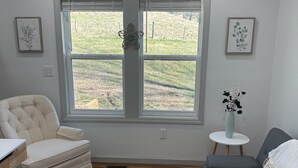 A modern living room with a grey sofa, a beige armchair, and a small white table with a vase. - Romantic cottage, pet friendly, stunning views of Smoky mtns. & Pigeon River.  (Clyde)