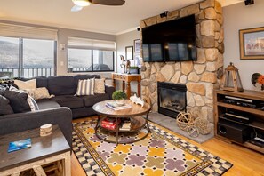 Smart TV, fireplace, books