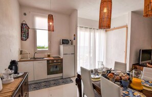Fridge, microwave, coffee/tea maker, cookware/dishes/utensils