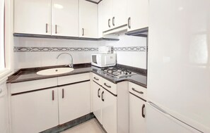 Frigorífico, microondas, cafetera o tetera y utensilios de cocina